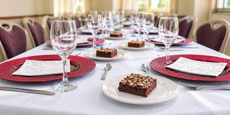 Mesa montada con mantel blanco, platos base rojos y brownie de postre
