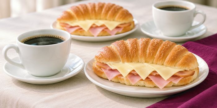 Café y croissants con jamón y queso